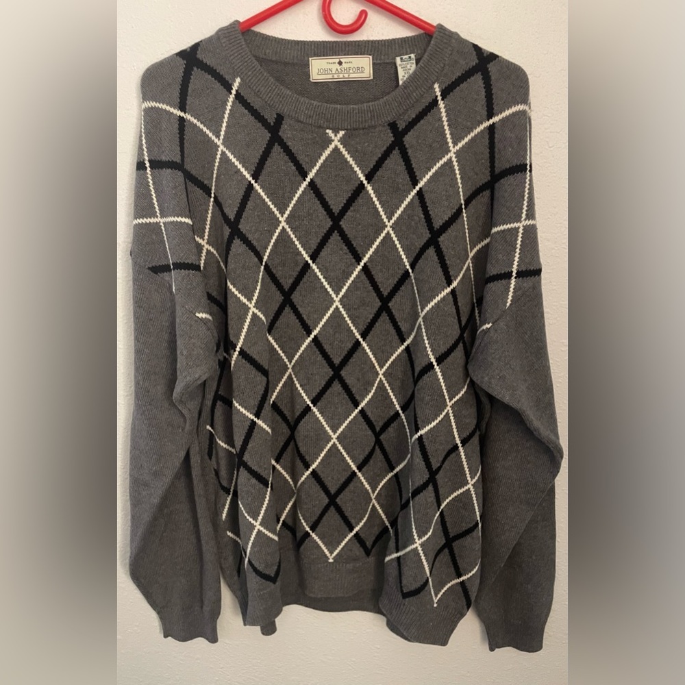 John Ashford Golf Black and White Argyle Sweater Mens Size 2X US